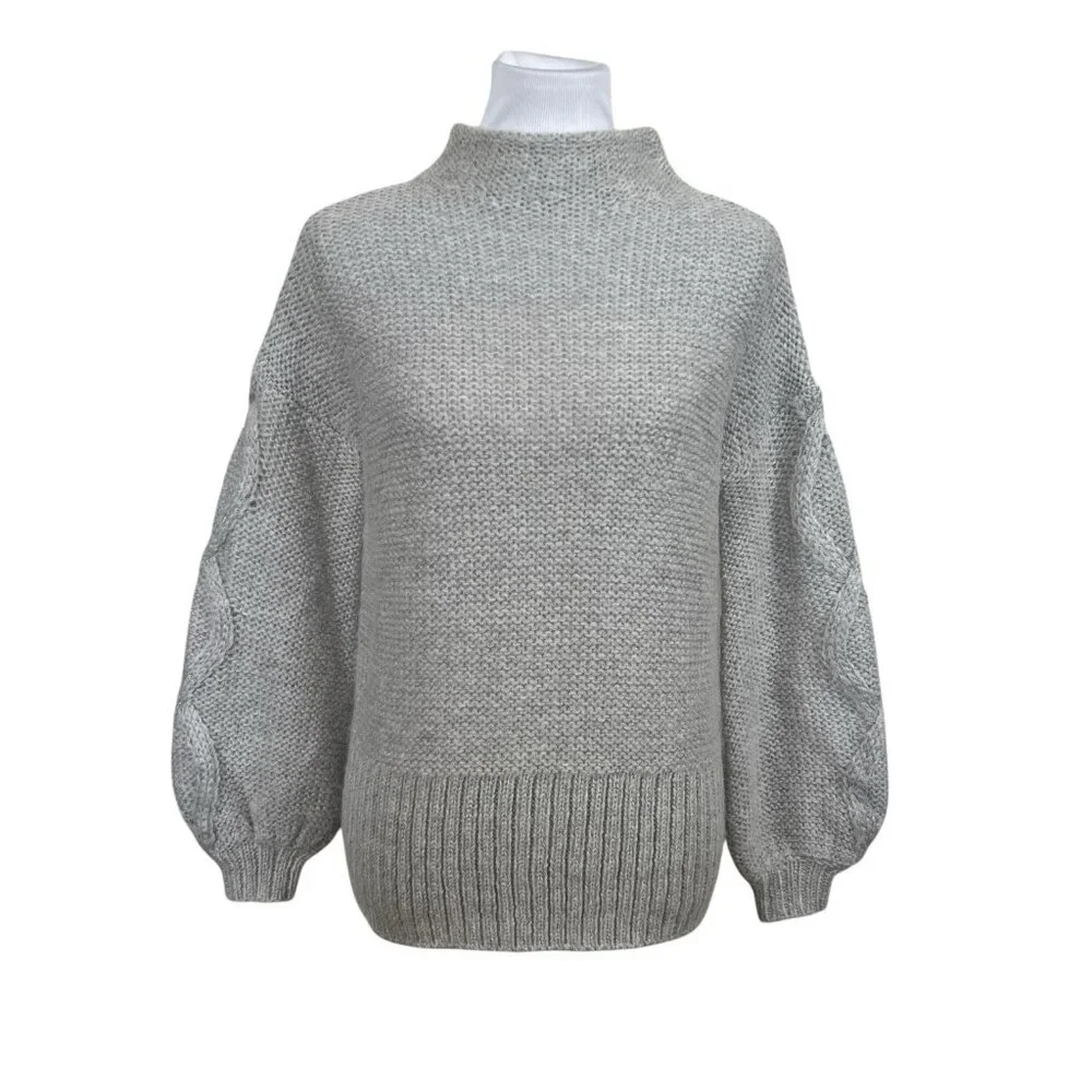 Mint Velvet Women’s Cable Knit Sleeve Mock Neck Sweater Jumper Grey 8‎ - Picture 2 of 7